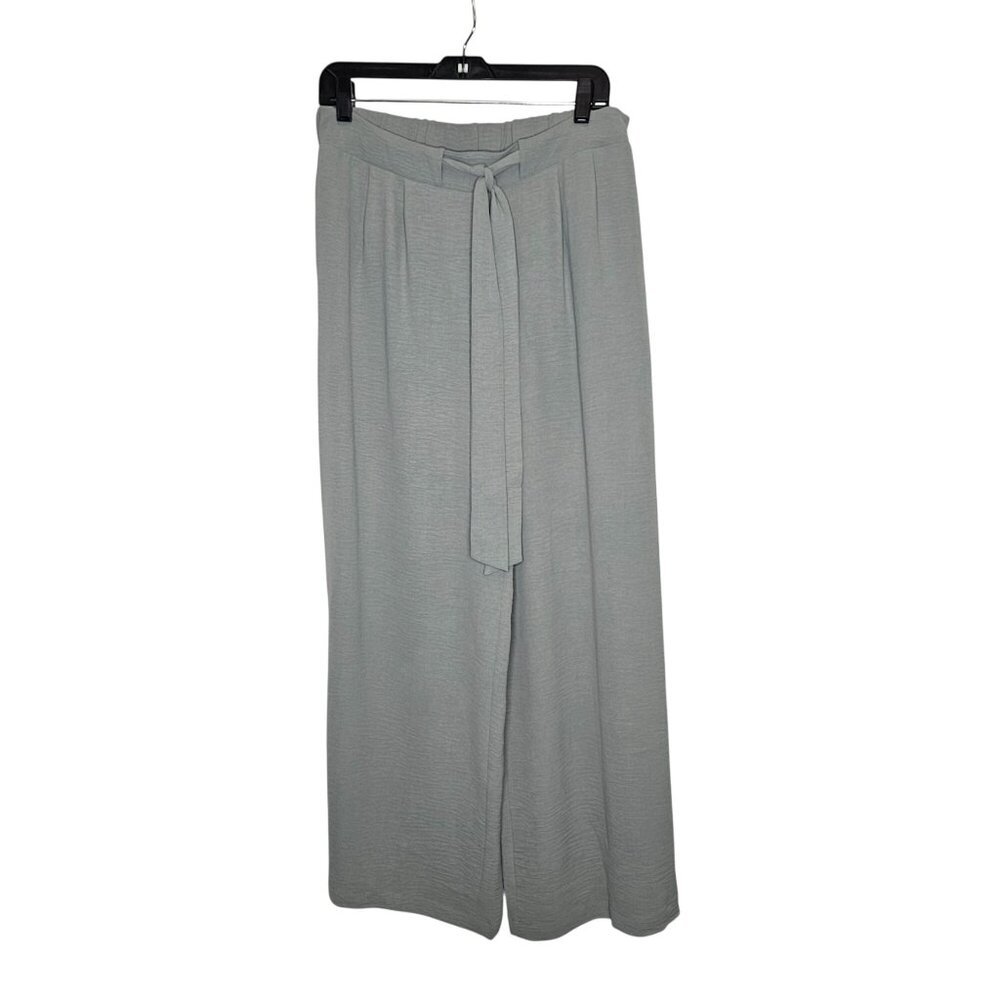 Caracilia Gray High-Waisted Pants Wide Leg Pull On Tie Waist L Beachy Work